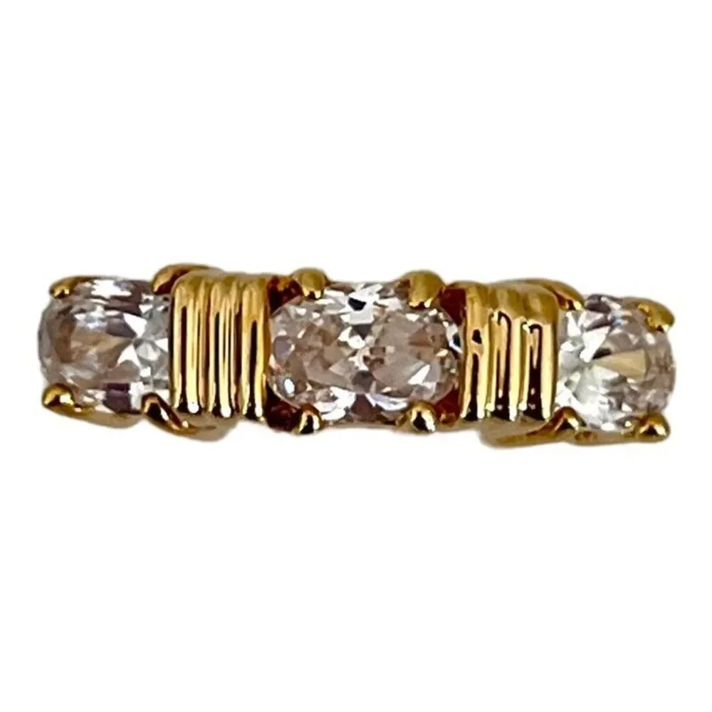 Vintage 1980s Ring Size 6 CZ Three Stone Textured Gold Plated Band - 14S
